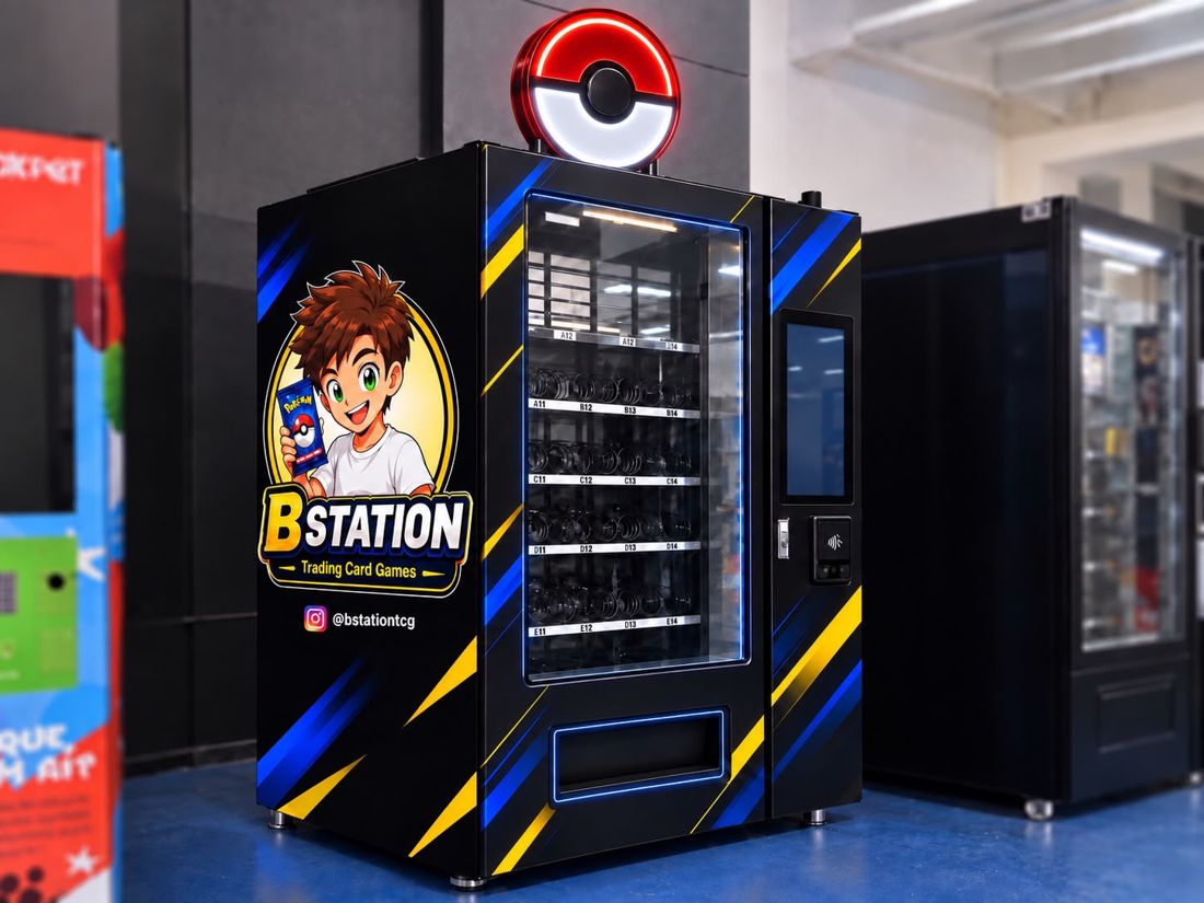 Máquina B Station com logo e painel de pagamento por aproximação